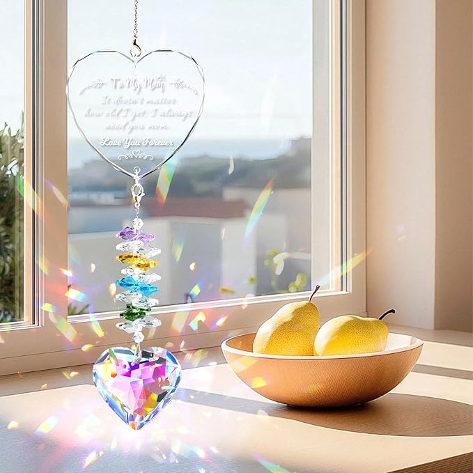 Mom Birthday Gifts, Crystal Suncatcher Indoor Window Rainbow Maker Hanging Ornament, I Love You Mom Sun Catcher Gifts for Mother Mama from Daughter Son