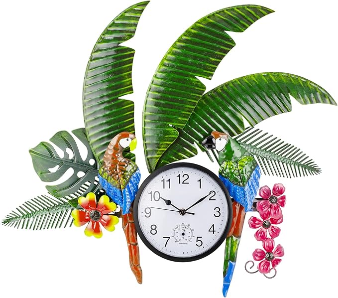 Outdoor Clock and Thermometer Combo, Parrot Outdoor Wall Clock Silent Non-Ticking, Outside Clock Metal Wall Art Decor for Patio, Garden, Home Decor