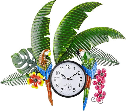 Outdoor Clock and Thermometer Combo, Parrot Outdoor Wall Clock Silent Non-Ticking, Outside Clock Metal Wall Art Decor for Patio, Garden, Home Decor