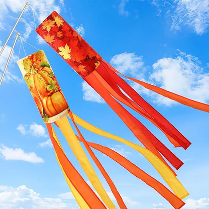NOVWANG 2 Pieces 40 Inch Fall Windsocks，Pumpkin Maple Leaf Wind Socks for Outside Decor Hanging Flag for Home Garden Yard Wall Balcony Decoration