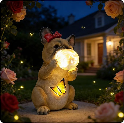 Solar Garden Dog Statue, French Bulldog Garden Statue with LED Bubble and Butterfly, Detachable Outdoor Decorative Stake, Waterproof Yard Decor for Patio, Lawn, Porch, Holiday and Birthday Gifts