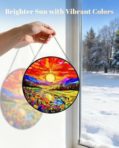 Stained Glass Window Hanging, Sunset Mountains Flower Sun Catchers Glass Panel, Suncatcher Window Decor 8", Birthday for Women Men Mom and Friend Colleague