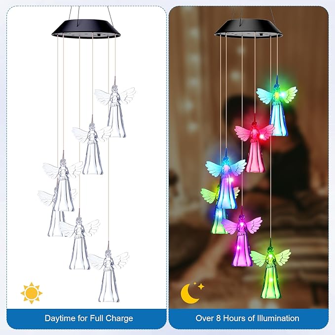 Retisee LED Solar Hanging Wind Chime, Outdoor Mobile Color Changing Light, Home Yard Garden Decoration Automatic Light Gift for Party Women Mom(Angle)