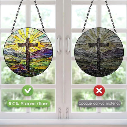Stained Glass Cross Mountains Suncatcher, 8 Inch Christian Stained Glass Window Hanging, Religious Sun Catchers Indoor Window, Nature Landscape Ornaments Home Garden Decor Easter Faith Christian Gift