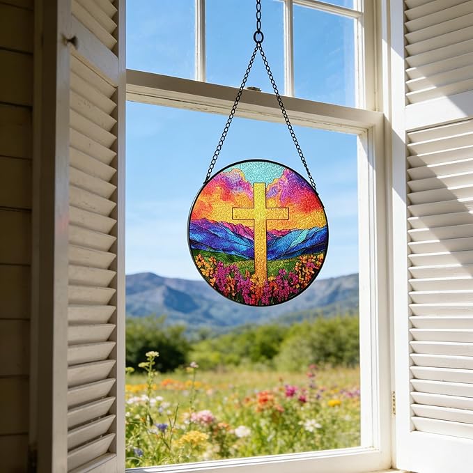 7.88'' Glass Window Hanging, Colorful Cross Sun Catchers Glass Panel for Window, Christian Evening Glow Suncatcher Decor with Hook Chain for Mother's Day Birthday for Women, Men, Wife, Aunt, and Mom