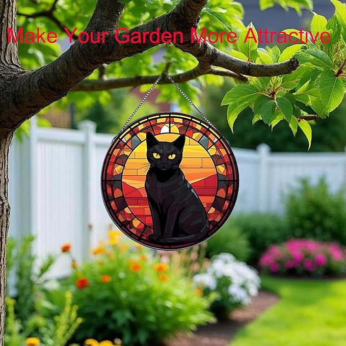 Black Cat Stained Glass Window Hanging,7.87’’ Stained Glass Suncatcher for Window for Cat Lovers,Hanging Ornaments Round Women Gifts for Family Friends, Housewarming Gift (B Style)