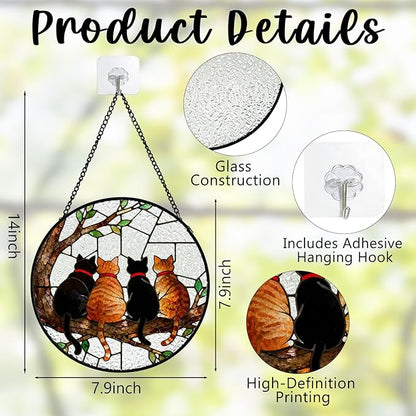 Black and Orange Cat Tree Stained Glass Window Hanging, Four Cats on Tree Branch Suncatcher Indoor Window Glass Round Wall Art Decor, 7.9x7.9 Inch