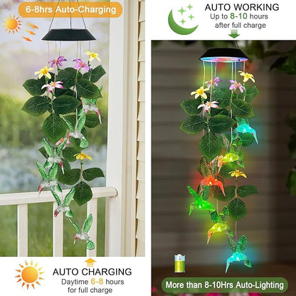 Hummingbirds Solar Wind Chimes Outdoor,Color Changing LED Dangler Mobiles for Outside, Hanging Decoraition for Patio,Porch,Yard,Gifts for Women