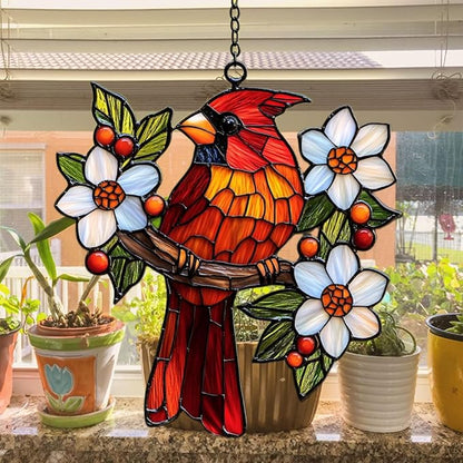 Cardinal Mosaic Effect Acrylic Suncatcher Stained Glass Effect Window Car Hanging Christmas Ornament Indoor Outdoor Decor Garden Sun Catcher Panel for Acrylic Suncatcher Lover for Women Mom Grandma