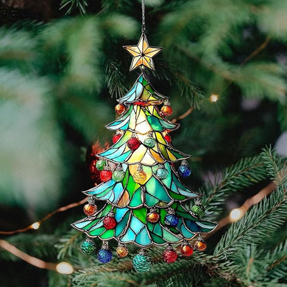 Mosaic Style Christmas Ornaments Tree Acrylic Suncatcher Stained Glass Effect Window Car Hanging Christmas Ornament Indoor Outdoor Decor Garden Sun Catcher Panel for Women Mom Grandma