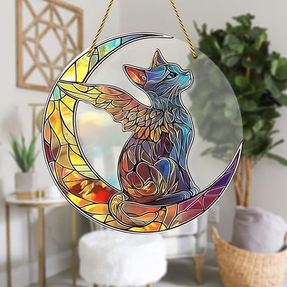 8x8 inch Charming Cat Angel Acrylic Stained Glass Window Hanging Sun Catcher Decor Stained Panel Hangings Wall Art Decor, for Friends and Family (Cat Angel)