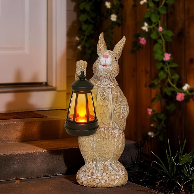 Dr. Bunny Solar Garden Statue, Rabbit Figurine with Glowing Lantern, Handcrafted Resin Outdoor Decor for Patio, Balcony, Yard, Gift for Women, Housewarming, Birthday