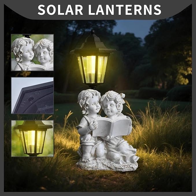 Solar Garden Angel Country Farm Reading Boy and Girl with Light, Outside Decorations for Patio Yard Lawn Walkway Ornaments