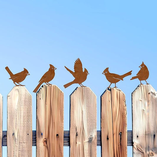 Bnesi 5PCS Metal Cardinal Garden Decor Set Yard Art Bird Decor for Garden Decor Outdoor Ornaments as Fence Decorations Outdoor Ideal for Spring Yard Decor and Farmhouse Statues (Cardinal Bird)