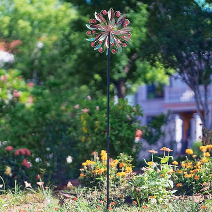 DREAMSOUL Metal Wind Spinners Outdoor, Double Wind Spinner with 5 Stable Stake, Kinetic Spinners for Yard and Garden (63 * 13 Inches)