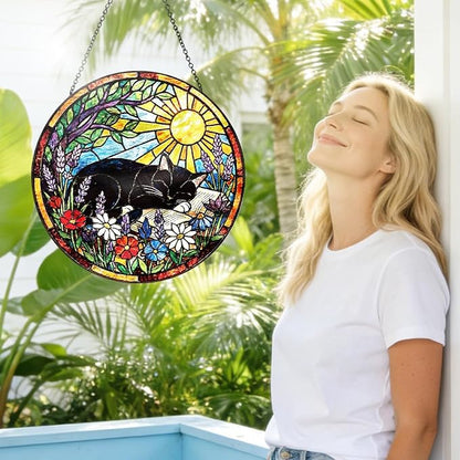 Stained Glass Window Hanging – Cat & Book Lover Gifts for Women Men, Sleeping Cat Suncatcher, Glass Ornament for Reading Room Home Garden Decor, Christmas Mother's Day Birthday Gifts, 8 Inch