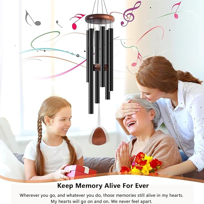 Wind Chimes for Outside, Bingxue 37" Wooden Sympathy Wind Chimes Memorial Wind Chime for Loss of Loved One Mother Father, Sympathy Gift Home Decor Outdoor Garden Patio (Black, 30Inch)