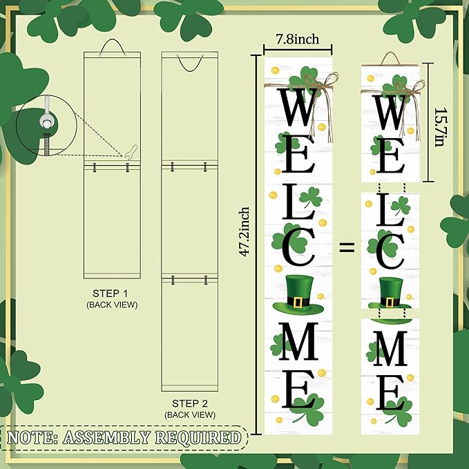 St. Patrick's Day Wooden Porch Sign 47" Spring Large Welcome Porch Sign for Home Front Door Yard Clover Party Decor (Green)