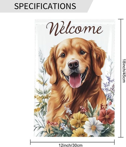 Golden Retriever With Floral Garden Flags 12×18 Inch Double Sided Decorative Yard Banner Seasonal Flag for Outdoor Outside Decor