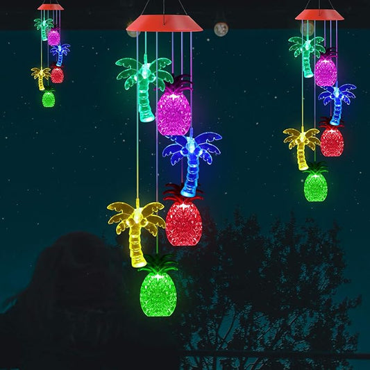 Solawindchime Coconut Tree Pineapple Wind Chimes Gifts for Women, Color Changing Solar Wind Chime Outdoor Waterproof Solar Lights, Romantic Coconut Pineapple Solar Powered Wind Chime Garden Decoration