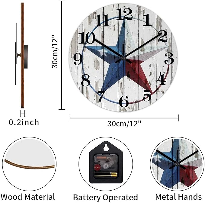 Country Wall Clock Western Texas Star Antique Wood Clock Non-Ticking Quiet Battery Operated with Large Numbers Stylish Desk Clock for Farmhouse Patio Living Room Decor 12 Inch