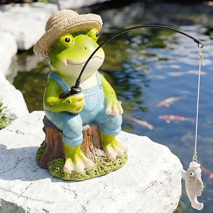 Frog Fisherboy Statue | Outdoor Garden Decor, Resin Animal Statue, Pond Ornaments, Poolside Garden Decor, Koi Fish Pond, Unique Fisherman Gifts