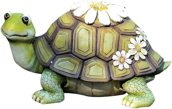 Giftware by Roman Inc., 5.25" H Turtle with Daisies Statue, Garden Collection, Outdoor Statue, Memorial, Resin Stone, Adorable Turtle and Flowers, Garden Décor (5x6x9)