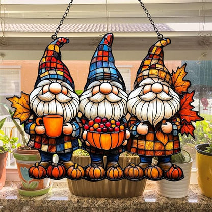 Autum Gnome Punpkin Acrylic Suncatcher Stained Glass Effect Window Car Hanging Christmas Ornament Indoor Outdoor Decor Garden Sun Catcher Panel for Acrylic Suncatcher Lover for Women Mom Grandma