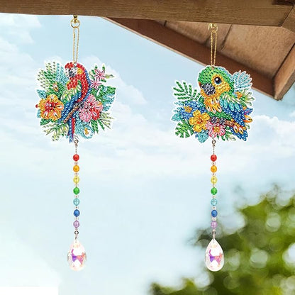 MVVMTOP 2pcs Diamond Art Painting Wind Chime with Crystal Pendant, DIY Parrot Double-Sided Design Special Shape Acrylic Crystal Diamond Ornament, Home Window Garden Hanging Pendant Decoration
