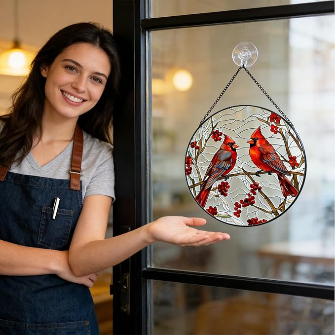 Red Cardinal Stained Glass Suncatcher - Handmade Christmas Window Hanging for Home Garden Deco