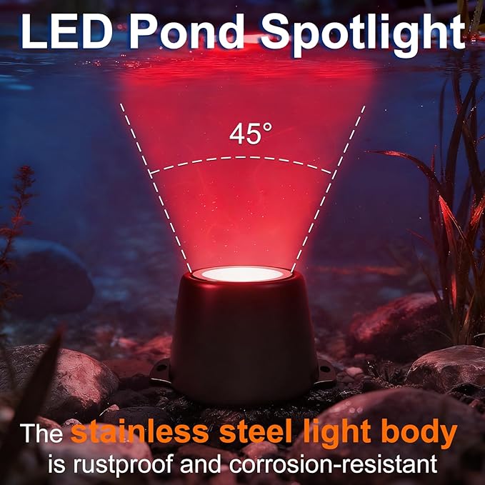 5W Submersible LED Pond Lights, Red Color 12V Wired Low Voltage Outdoor Underwater Spot Lights for Pond Fountain Waterfall, 45° Beam Angle, IP68 Waterproof Stainless Steel, Black, 6PK