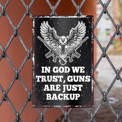 Gun Sign for Home Security No Trespassing Private Property Metal Tin Sign Patriotic Americana Wall Decor for Gun Room Firing Ranges Man Cave Garage Gun Lovers Gift 8" x 12", In God We Trust