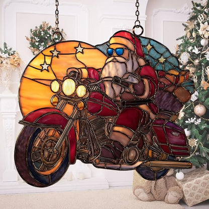Cool Santa Riding Motorcycle Acrylic Suncatcher Stained Glass Effect Window Car Hanging Christmas Ornament Indoor Outdoor Decor Garden Sun Catcher Panel for Women Mom Grandma