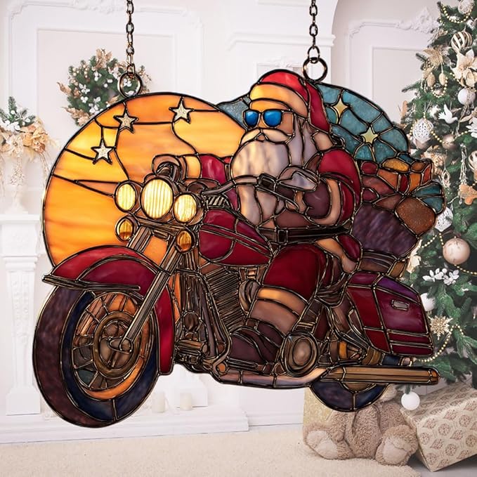 Cool Santa Riding Motorcycle Acrylic Suncatcher Stained Glass Effect Window Car Hanging Christmas Ornament Indoor Outdoor Decor Garden Sun Catcher Panel for Women Mom Grandma