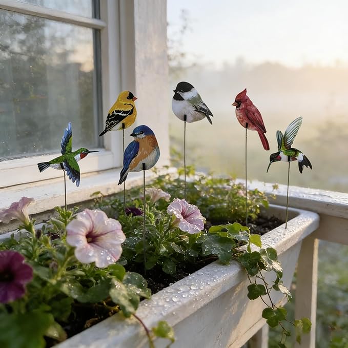 24PCS Bird Garden Stakes Decoration, 2D Flat Vibrant Bird Yard Decoration, Durable Weather Resistant Spring Garden Decorations for Crafts Outdoor Wall Patio Plant Yard Decor