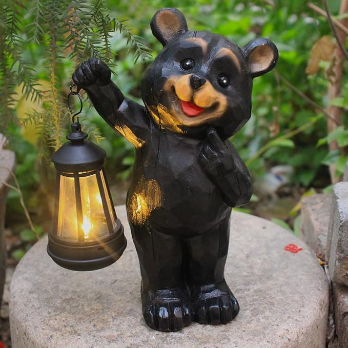 Garden Statues Bear Solar Figurine Lanterns Outdoor Waterproof Lights, Yard Decorations, Garden Decor Unique Birthday Housewarming Gifts for Mom, Resin Material, Hand-Painted