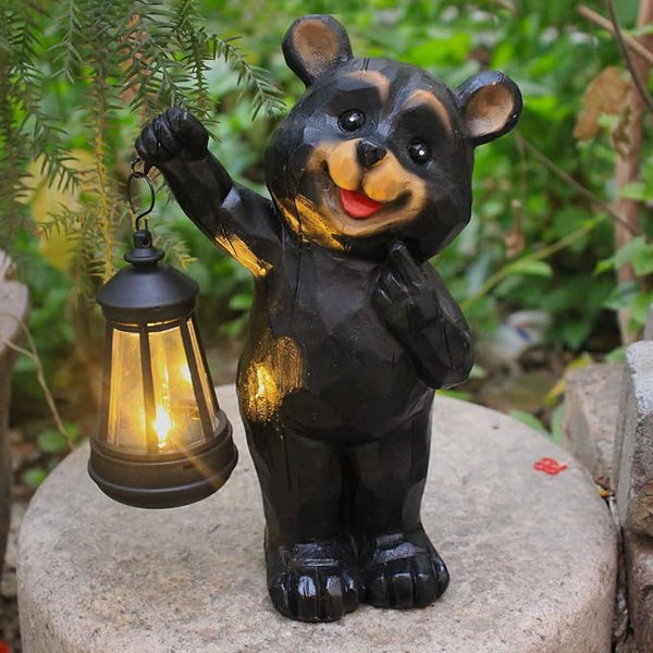 Garden Statues Bear Solar Figurine Lanterns Outdoor Waterproof Lights, Yard Decorations, Garden Decor Unique Birthday Housewarming Gifts for Mom, Resin Material, Hand-Painted