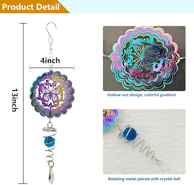3D Kinetic Hanging Wind Spinner, Garden Stainless Steel Wind Spinners with Crystal, Butterfly Gifts for Women, Outdoor & Indoor Decoration