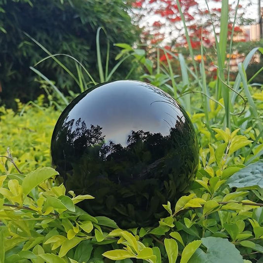 Black Gazing Globe Mirror Ball in Stainless Steel, Shiny Hollow Sphere Sparkling Housewarming Outdoor Party Ornament (Black, 8 inches)