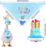 Happy Birthday Porch Goose Outfits with Birthday Cake Hat and Bandana for 17" 23" Cement Lawn Goose Statue Costume for Luau Party Outdoor Garden Yard Decor (Blue)