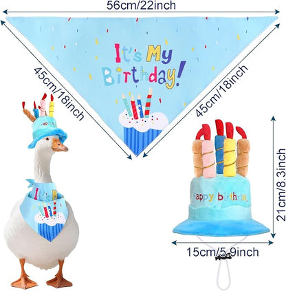 Happy Birthday Porch Goose Outfits with Birthday Cake Hat and Bandana for 17" 23" Cement Lawn Goose Statue Costume for Luau Party Outdoor Garden Yard Decor (Blue)