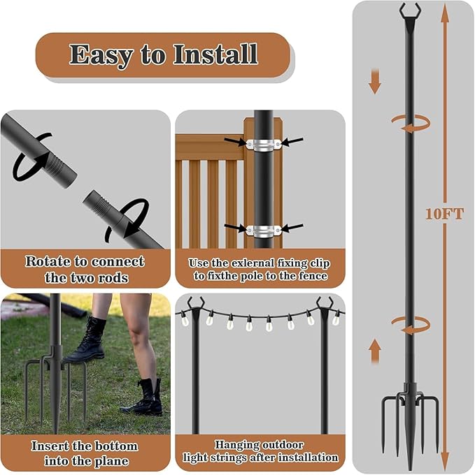 NUERPO 2 Pack String Light Poles,Metal Poles for Hanging Outdoor Light Strings,2 Pack 10 FT Light Poles Stand for Outside Garden,Patio,Wedding,Backyard,Deck,Party