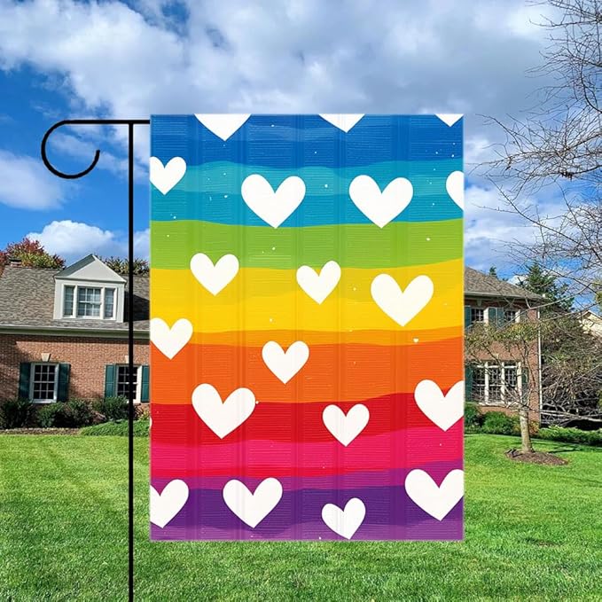 Gkyygk Garden Flag Rainbow Heart LGBT Double Sided 12x18 Inch Banners Welcome Yard House Outside Outdoor Summer Decoration