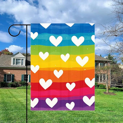 Gkyygk Garden Flag Rainbow Heart LGBT Double Sided 12x18 Inch Banners Welcome Yard House Outside Outdoor Summer Decoration