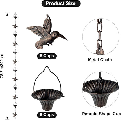Lotus Rain Chain, 6.5FT Rain Chain Gutters, Adjustable Rain Catcher Chain with 10 Cups, Rain Chain Downspouts for Outdoor Gutter (Hummingbird)