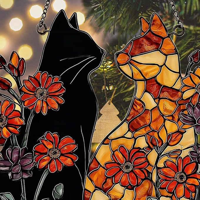 Warm Mosaic Cat Floral Art Acrylic Suncatcher Stained Glass Effect Window Car Hanging Christmas Ornament Indoor Outdoor Decor Garden Sun Catcher Panel for Valentine's Day Lover for Women Mom Grandma