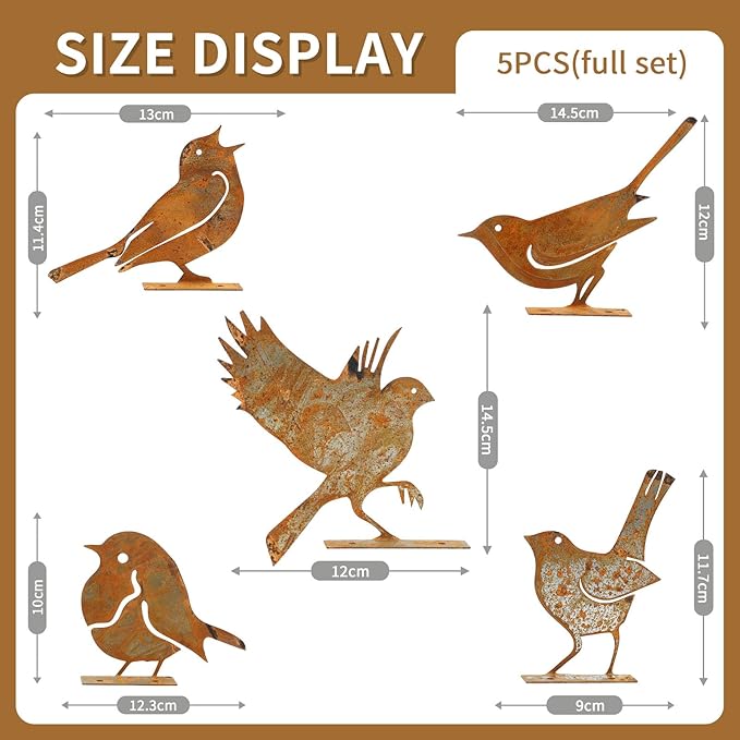 Geila 5PCS Rusty Birds Decoration, Fence Decorations Outdoor, Metal Birds Yard Decor Perfect Yard Art and Large Outdoor Ornaments (E)