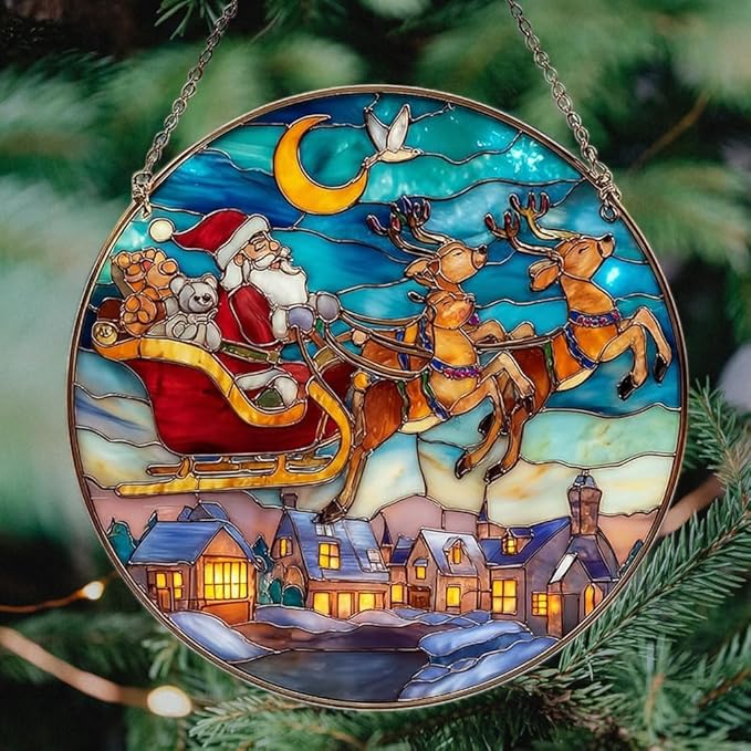 Santa Sleigh Christmas Mosaic Effect Acrylic Suncatcher Stained Glass Effect Window Car Hanging Christmas Ornament Indoor Outdoor Decor Garden Sun Catcher Panel for Women Mom Grandma