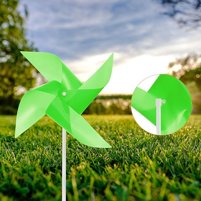 HARFINGTON 50pcs Windmills for The Yard Garden 15" x 7.5" 4 Leaves Pinwheels Wind Mills Spinners Windproof Waterproof Bird Devices with Stakes for Patio Decor, Green