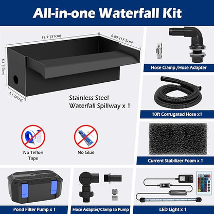 All-in-1 Pond Waterfall Kit | 850GPH Pond Filter Pump | 12-inch Stainless Steel Waterfall Spillway | Remote Control LED Lights | 4-Stage Filtration Outdoor Waterfall for Water Feature, Garden, Pool